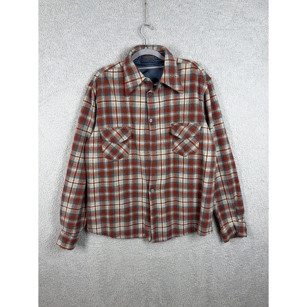 Vintage Pendleton Plaid Wool Board Shirt Aprox L-XL Flap Pocket Red Gray